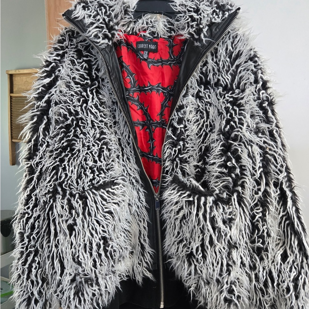 Current Mood Black and White Faux Fur Jacket with Red Lining